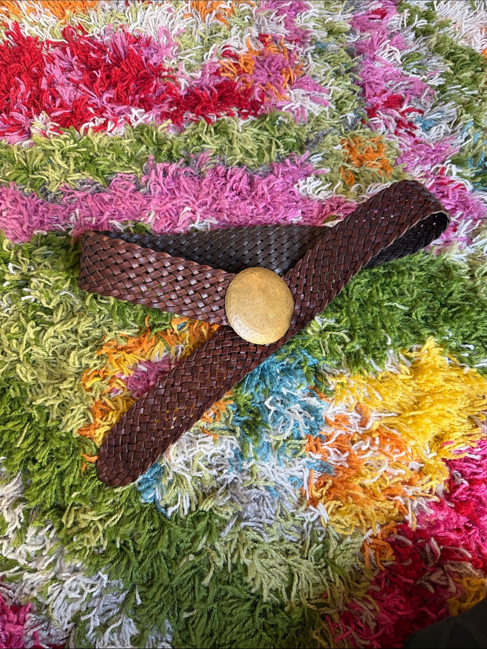 Anthropologie Y2K Monsoon Braided Brown Leather Belt with Hammered Brass Buckle